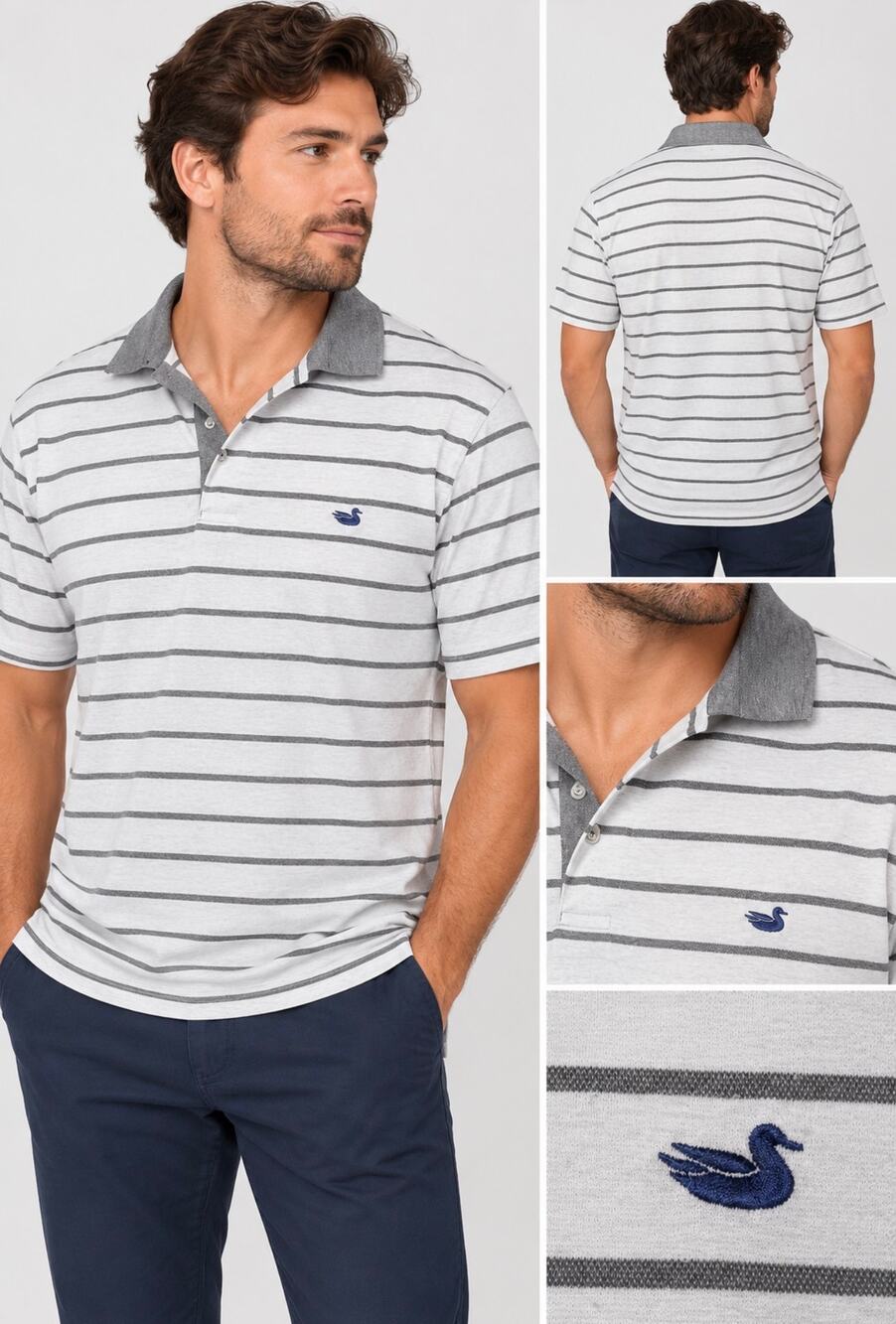 Southern Marsh Men’s Striped Polo Shirt Gray White Embroidered Duck Logo size XL
